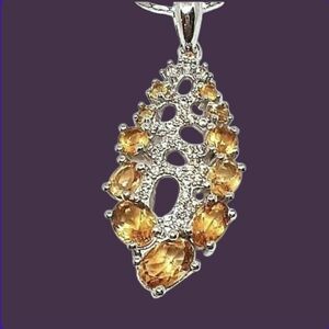 Natural Yellow Citrine with CZ 14K White Gold on 925 Sterling Silver Necklace‎